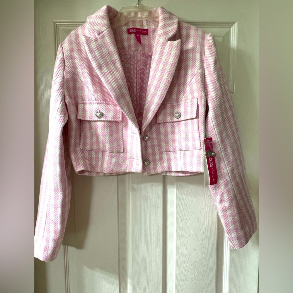 Barbie the Movie x AQUA Checked Cropped Blazer. Pink/White. Size M